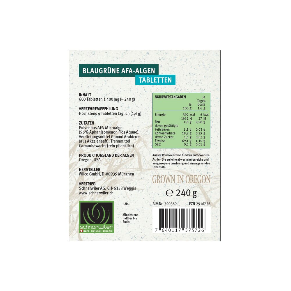 Blaugrüne AFA-Algen Tabletten (600 Tabletten)