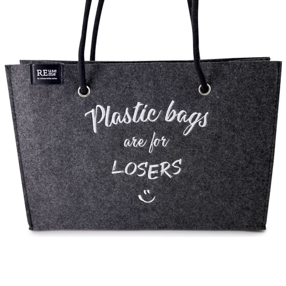 REUSEME Shopping Bag Schöne Einkaufstasche aus Loden. Front bestickt mit "plastic bags are for losers"