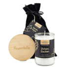 Kaminfeuer Duftkerze mit Untersetzer