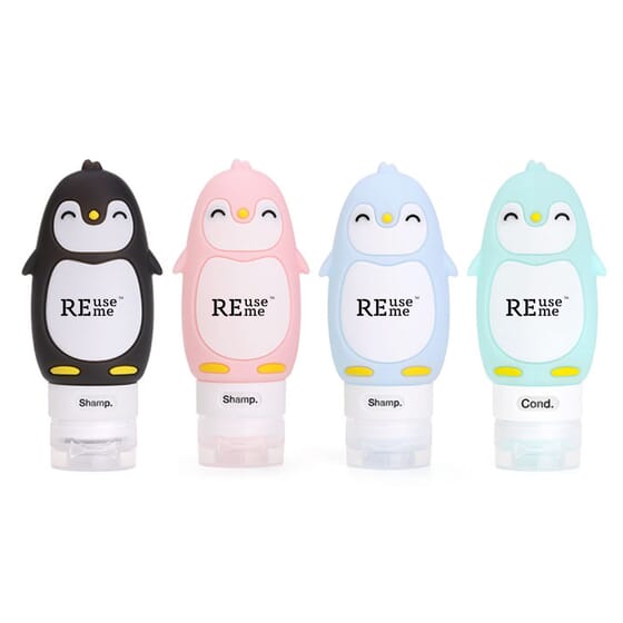 REUSEME Pinguin Kosmetik Reiseflasche aus Silikon, 90ml in 4 Farben erhältlich mit oder ohne Füllung