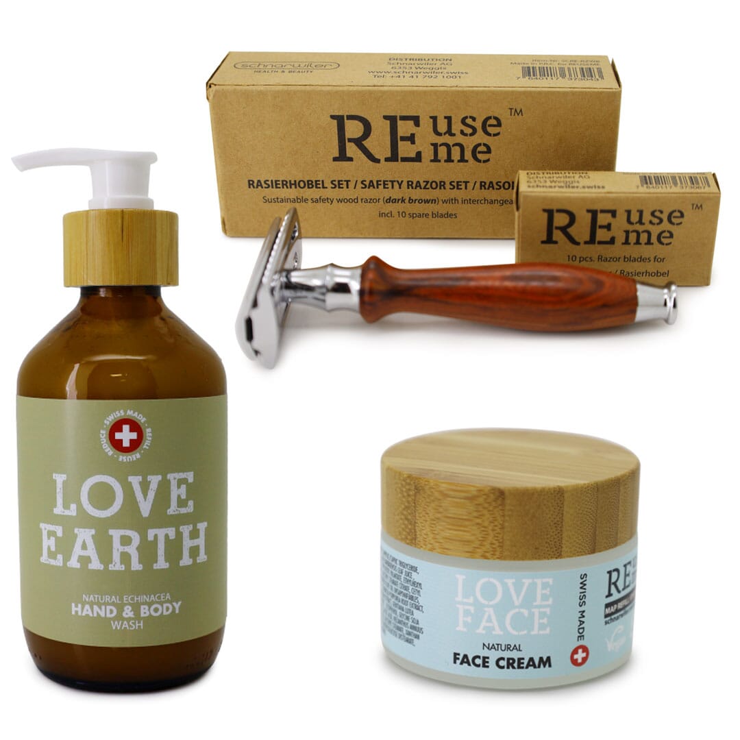 REUSEME Rasierset mit Rasierhobel, Seife und Gesichtscreme für eine perfekte Rasur und Gesichtspflege