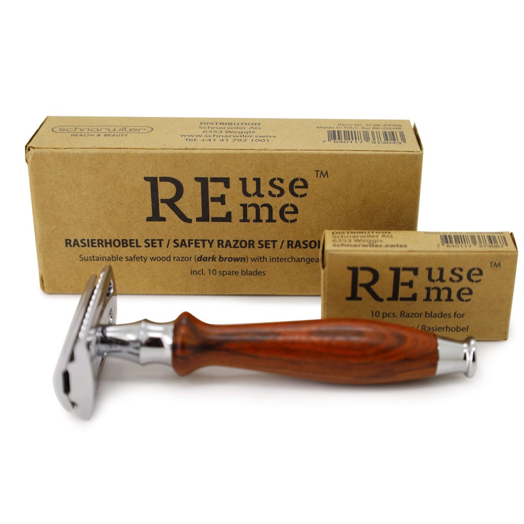 REUSEME Rasierhobel aus Holz / Metall inkl. 10 Rasierklingen, dunkelbraun