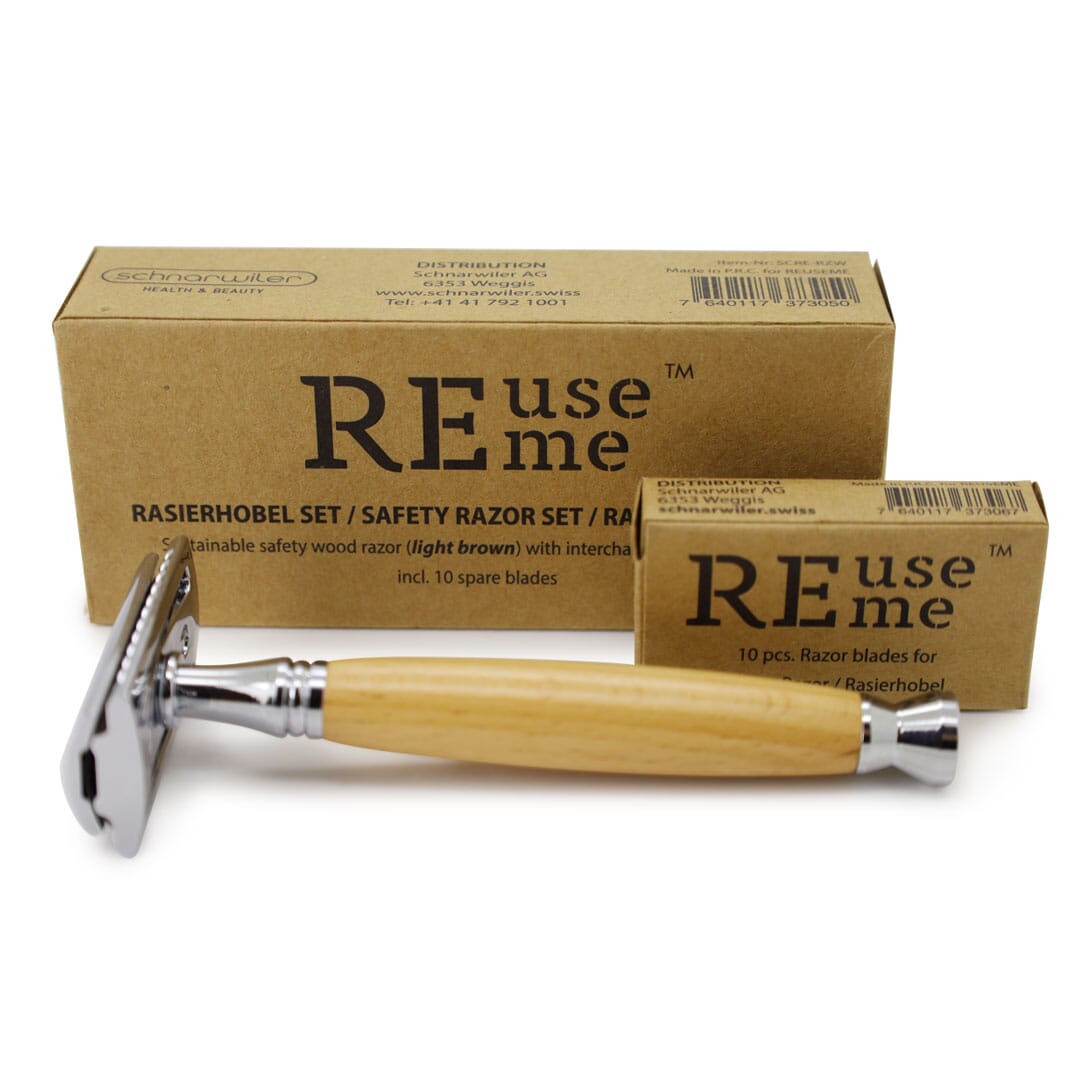 REUSEME Rasierhobel aus Holz / Metall inkl. 10 Rasierklingen, hellbraun