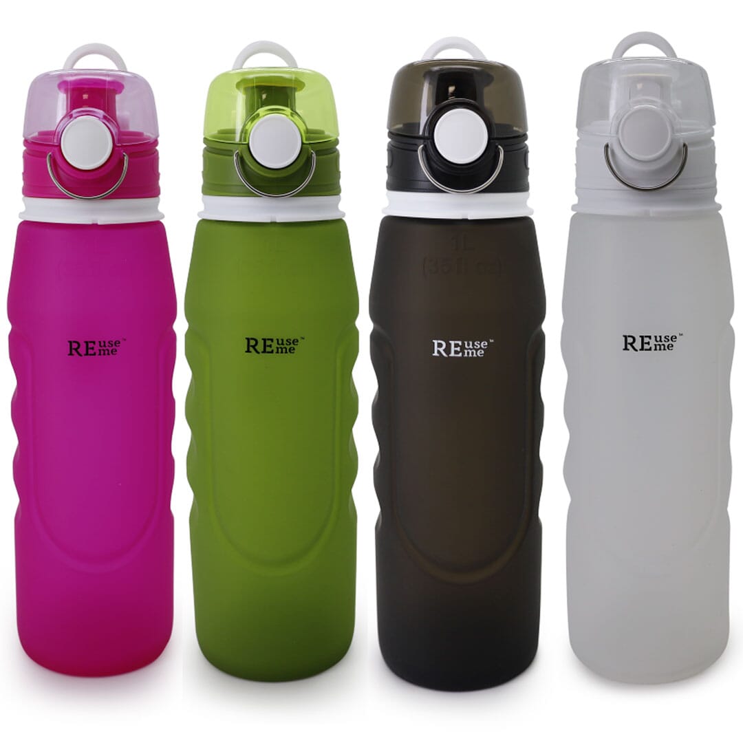 REUSEME Silikon Flasche für Getränke oder Kosmetik, 1000ml in 4 Farben erhältlich, Praktischer Verschluss und extrem klein zusammenfaltbare 1000ml Flasche. 