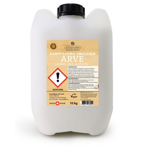 Schnarwiler Dampfsauna Emulsion ARVE, ohne Alkohol, Nano Technologie. Mit reinstem ätherischen Arvenöl. Für die professionelle Anwendung.