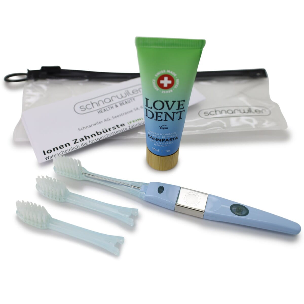 Ionen Zahnbürste mit LOVE DENT Zahnpasta, 30ml inkl. 2 Ersatzbürsten, Anleitung und Flugbeutel. 