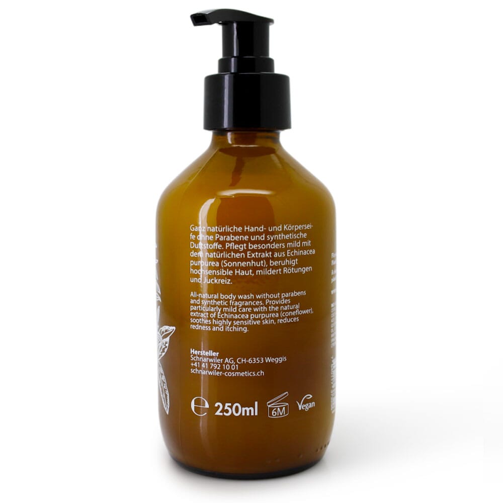 Schnarwiler LOVE VERBENA Hand & Body Wash mit Zitronenverbena & Echinacea. Dieses ganz natürliche und angenehm duftende Duschgel und Handseife mit Zitronenverbena und Echinacea