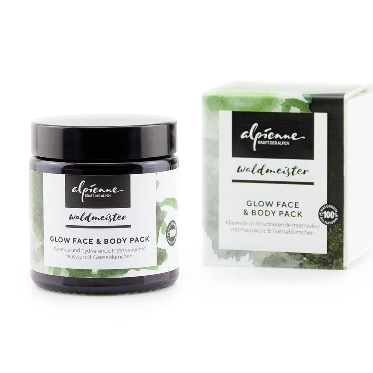Alpienne Waldmeister GLOW FACE & BODY PACK, Klärende und hydrierende Intensivkur mit Hauswurz und Gänseblümchen