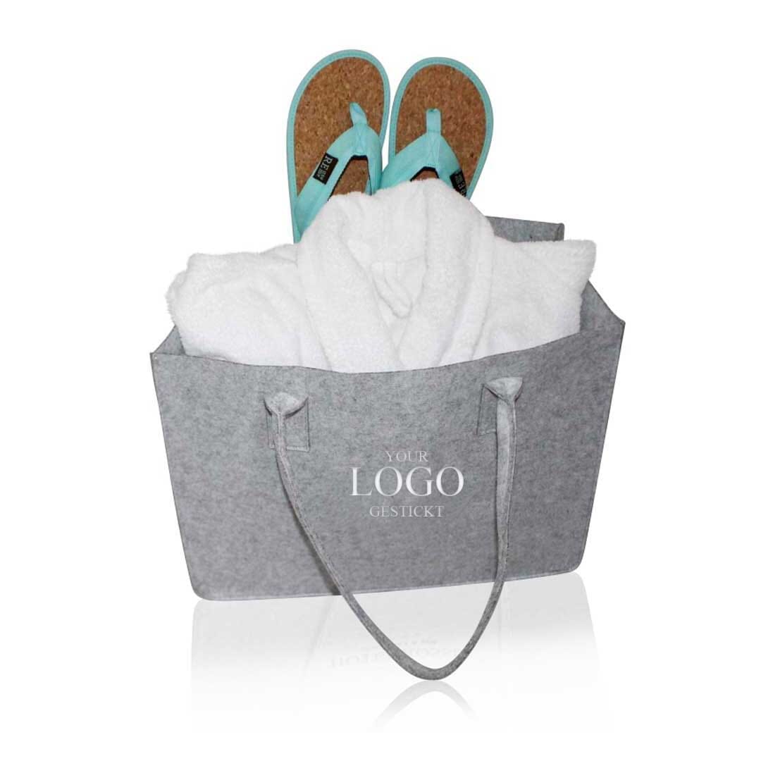 Wellnesstasche aus Filz (Viele Farben erhältlich) 
Private Label ab 250 Stk. mit gesticktem Logo. 